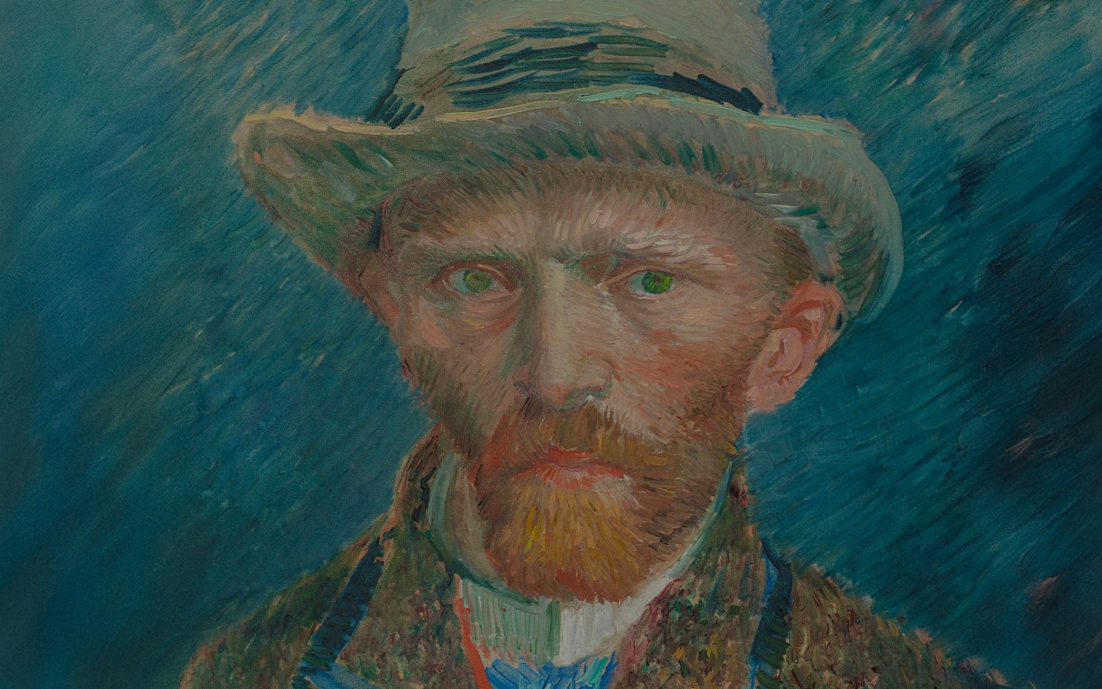 Self-portrait by Vincent van Gogh, 1887, featuring the artist in a hat against a blue background.