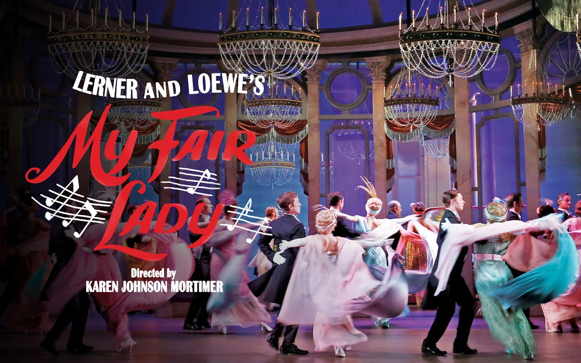 My Fair Lady Sydney poster with dancers in elegant costumes under chandeliers.
