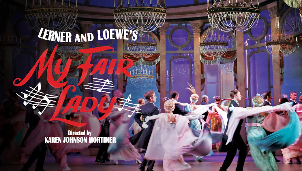 My Fair Lady Sydney poster with dancers in elegant costumes under chandeliers.