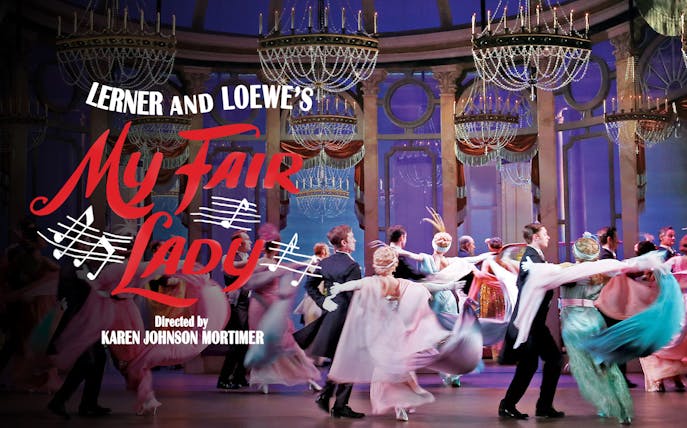 My Fair Lady Sydney poster with dancers in elegant costumes under chandeliers.