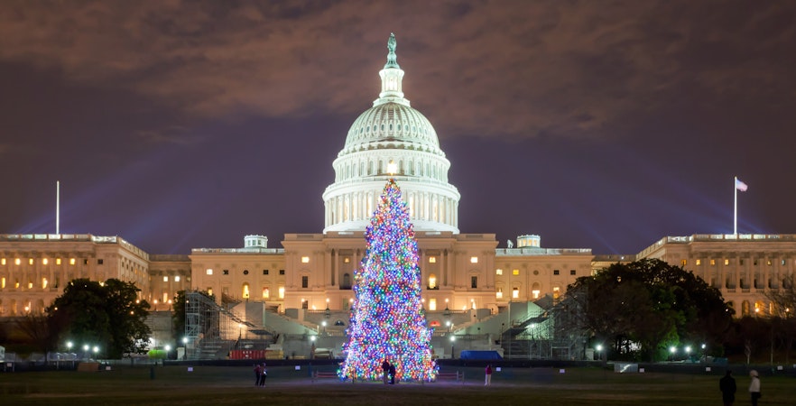 U.S. Capitol with Christmas tree lit up at night, Washington DC.