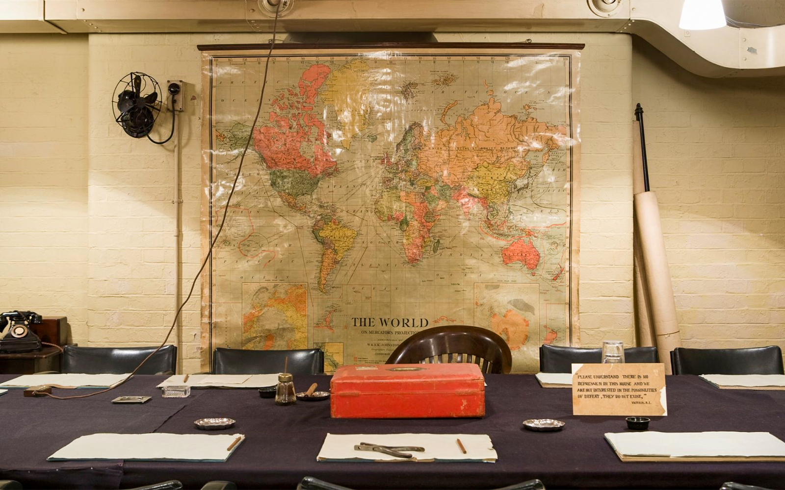 Meeting room with world map in Churchill War Rooms, London.