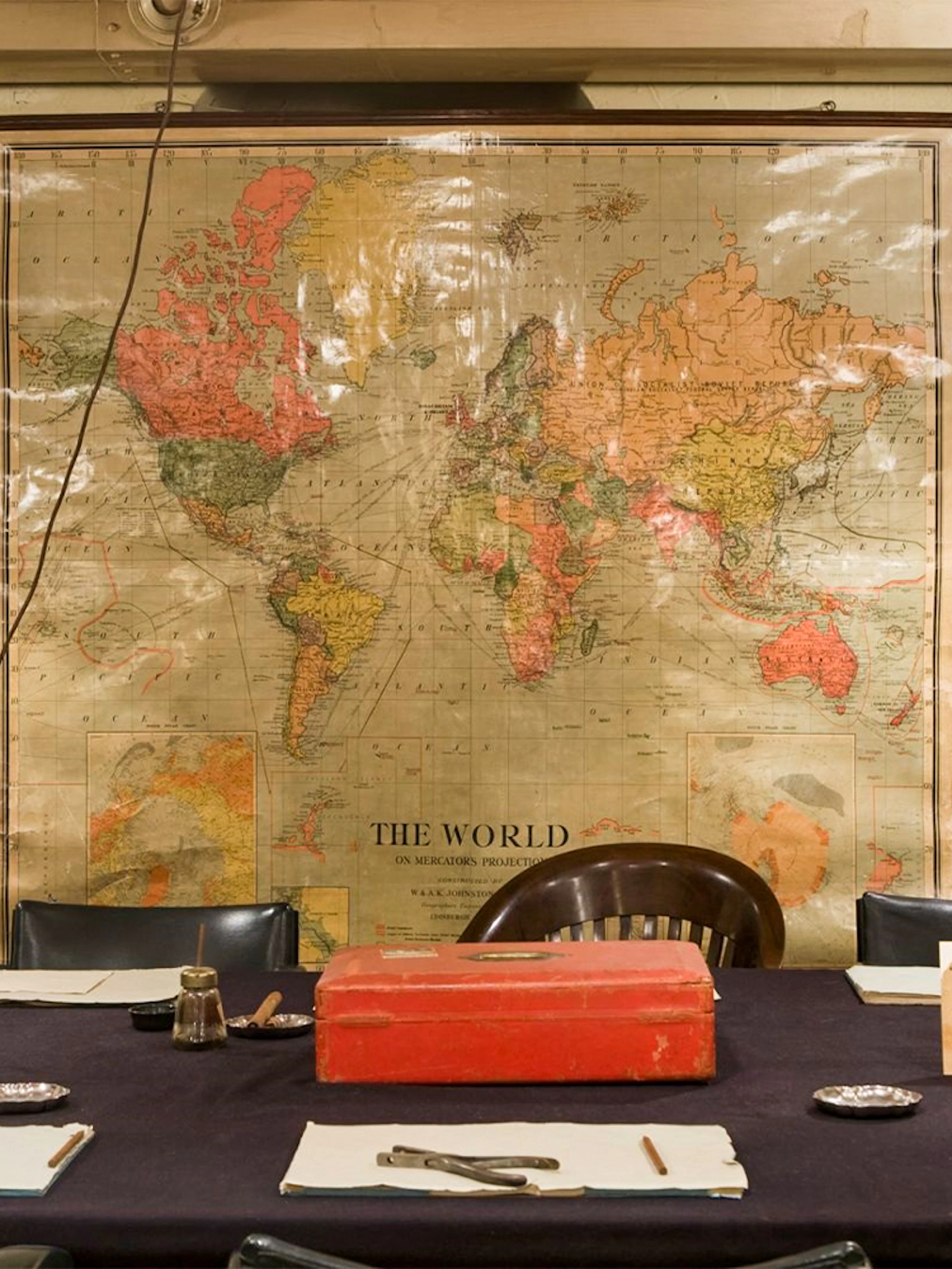 Meeting room with world map in Churchill War Rooms, London.