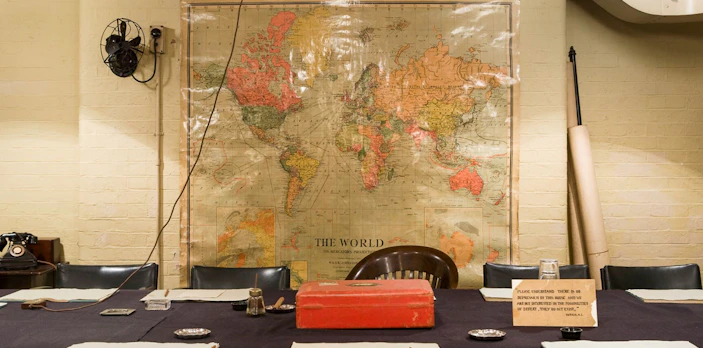 Meeting room with world map in Churchill War Rooms, London.