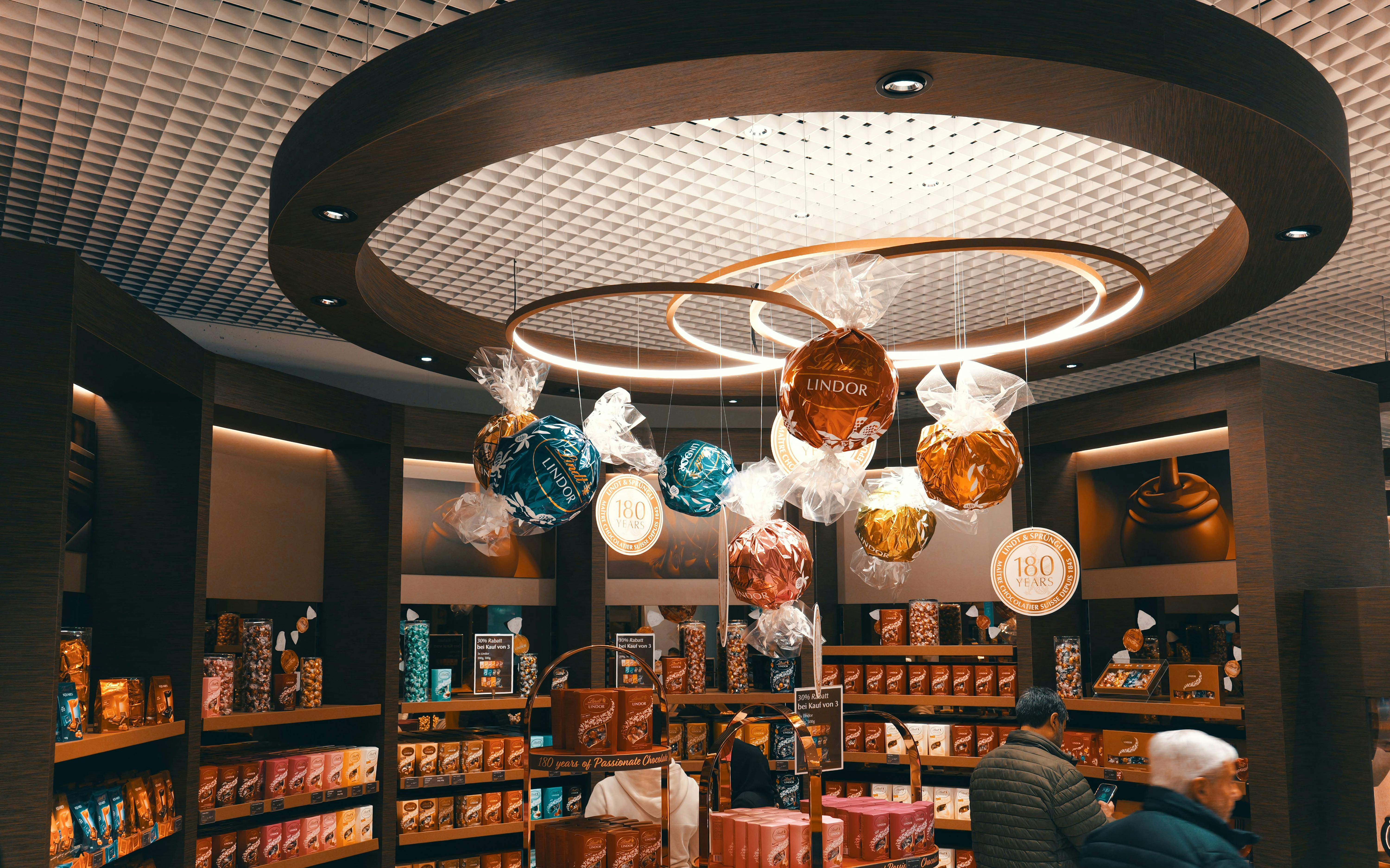Lindt Chocolate Museum display with large Lindor truffles and chocolate products.