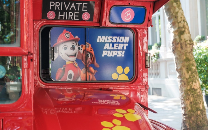 Paw Patrol characters on Brigit’s Afternoon Tea Bus Tour in London.