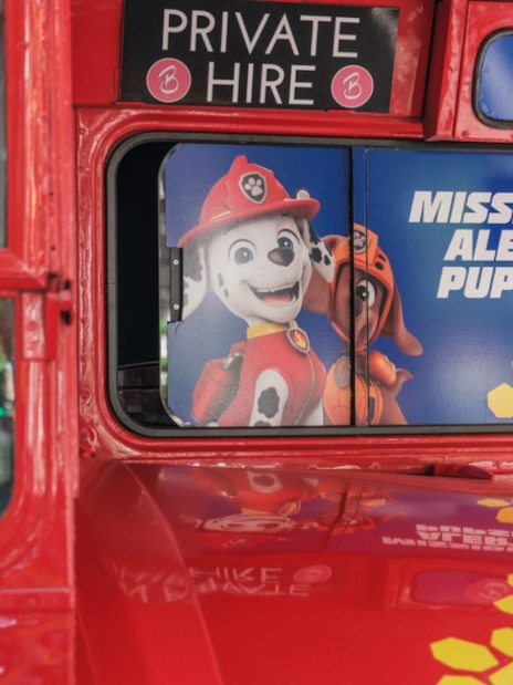 Paw Patrol characters on Brigit’s Afternoon Tea Bus Tour in London.