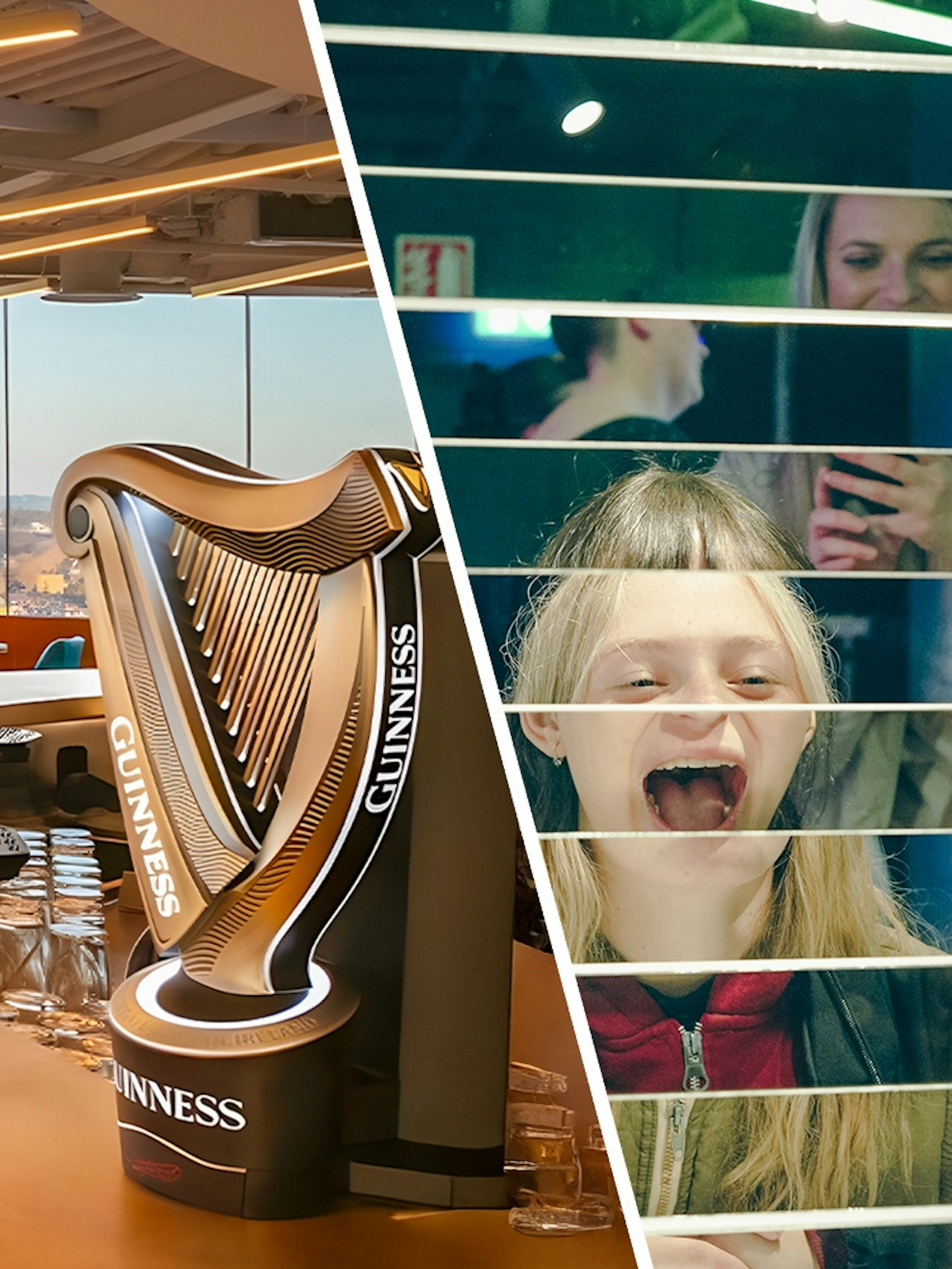 Guinness Storehouse bar taps and guests enjoying mirror illusion in Dublin.