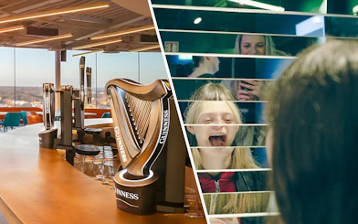Guinness Storehouse bar taps and guests enjoying mirror illusion in Dublin.