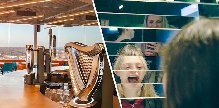 Guinness Storehouse bar taps and guests enjoying mirror illusion in Dublin.