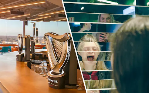 Guinness Storehouse bar taps and guests enjoying mirror illusion in Dublin.