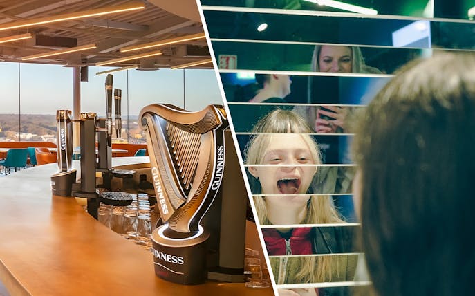 Guinness Storehouse bar taps and guests enjoying mirror illusion in Dublin.