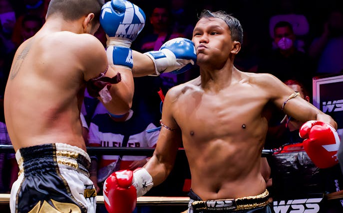Muay Thai fighters in action at World Siam Stadium, Bangkok.