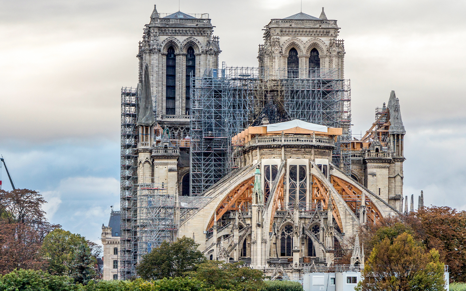 Notre Dame Cathedral restoration work with scaffolding visible after fire, Paris, France.