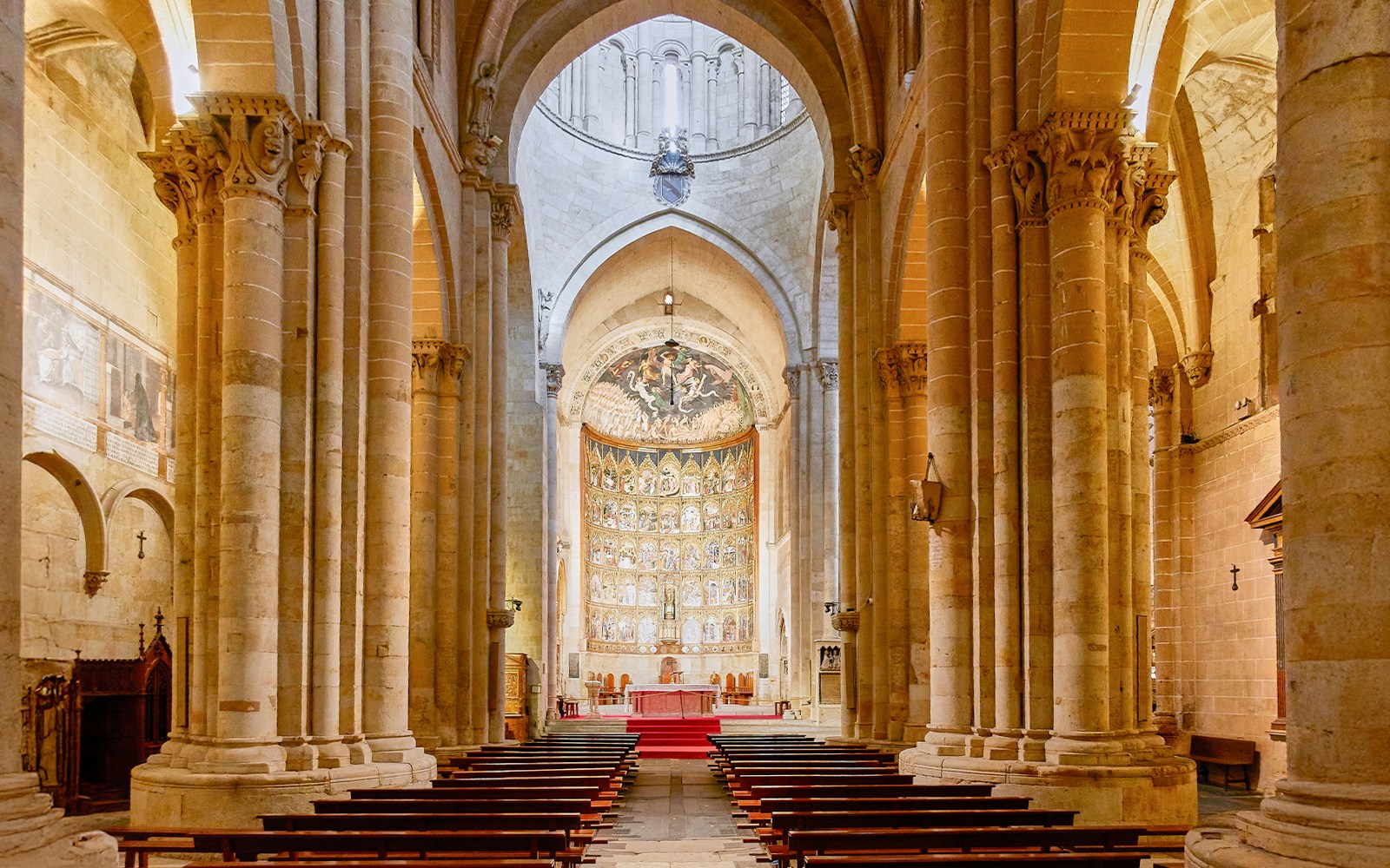 Main nave and altar of the old cathedral in Salamanca, Castile and Leon, Spain.
