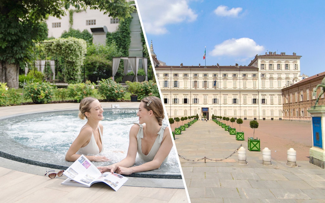 Women relaxing in a hot tub at QC Terme Torino; view of Royal Palace of Turin.
