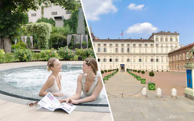 Women relaxing in a hot tub at QC Terme Torino; view of Royal Palace of Turin.