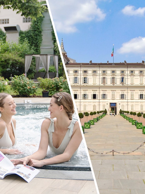 Women relaxing in a hot tub at QC Terme Torino; view of Royal Palace of Turin.