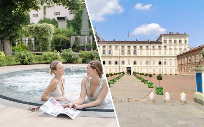 Women relaxing in a hot tub at QC Terme Torino; view of Royal Palace of Turin.