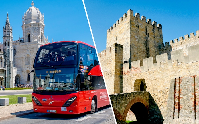 Lisbon hop-on hop-off bus near Jerónimos Monastery and São Jorge Castle walls.