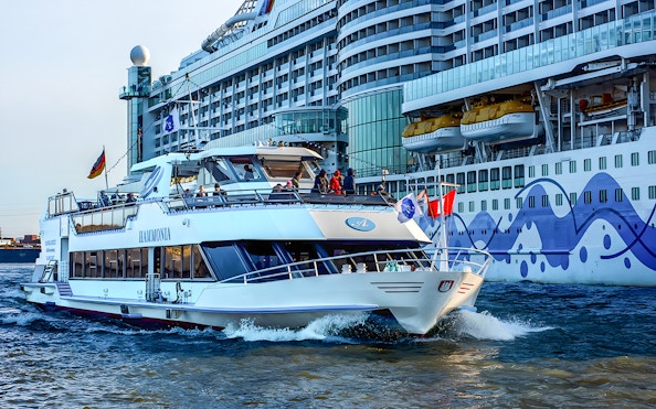 Cruise boat sailing in Hamburg harbor with a large ship in the background.