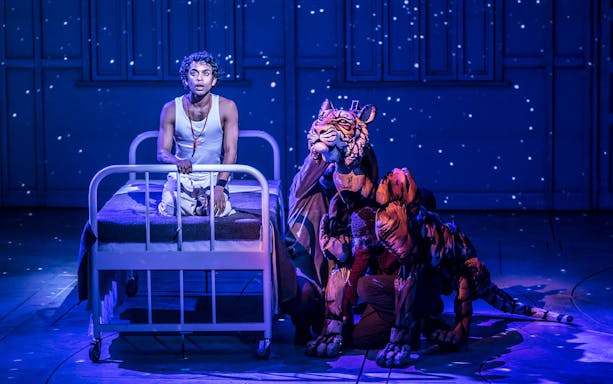 Stage scene from Life of Pi with actor on bed and tiger puppet under starry backdrop.