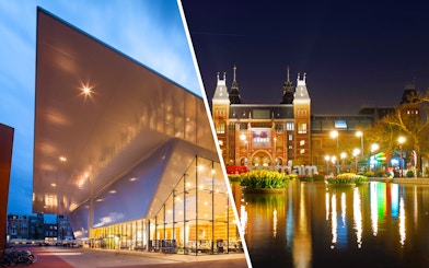 Stedelijk Museum's modern architecture at dusk and Rijksmuseum illuminated in Amsterdam.