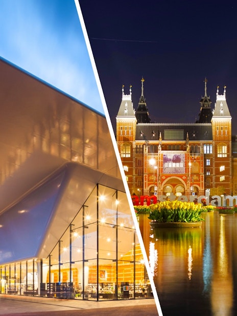 Stedelijk Museum's modern architecture at dusk and Rijksmuseum illuminated in Amsterdam.