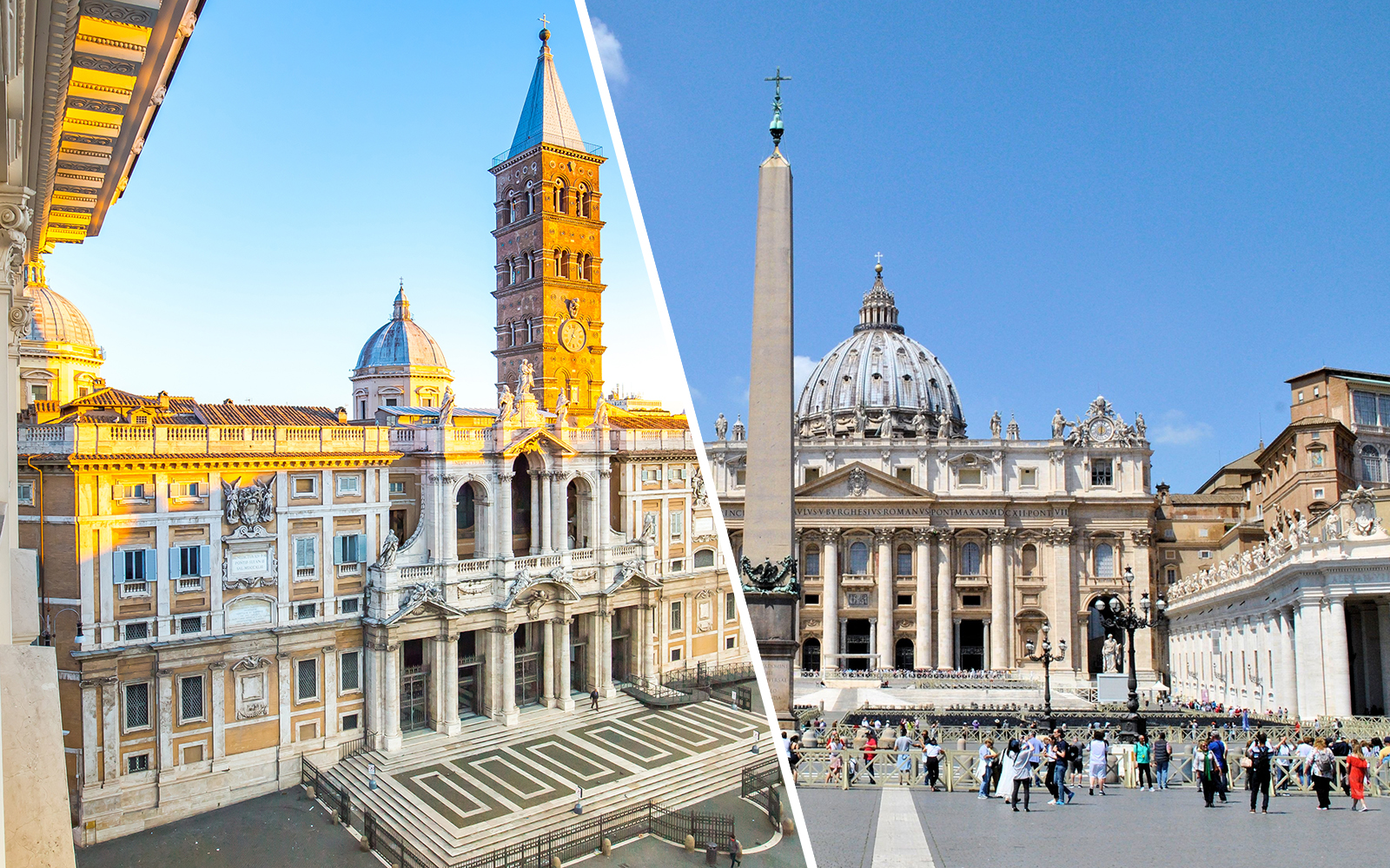 St. Peter's Basilica and Piazza, Rome, with tourists exploring the historic site.