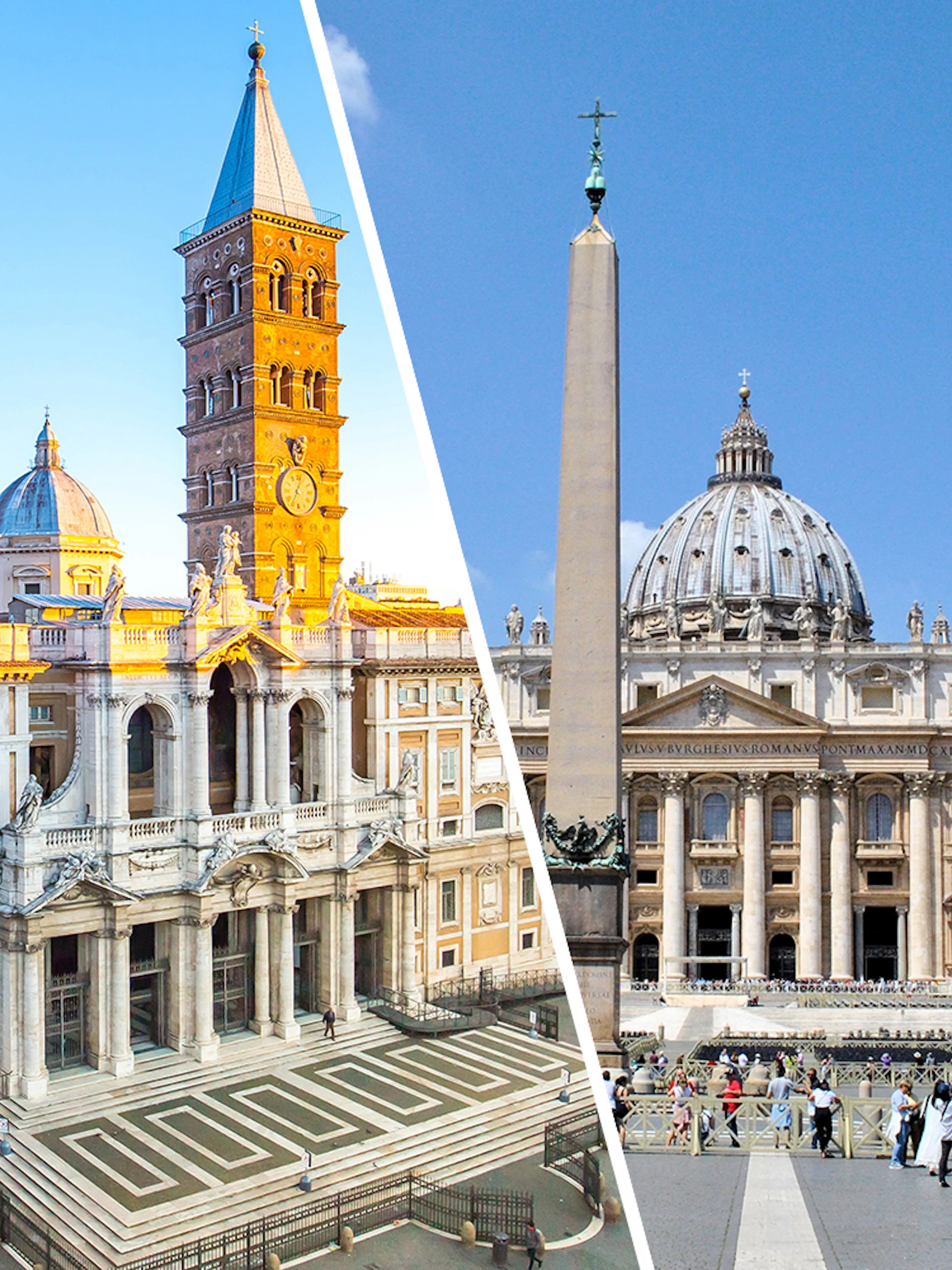 St. Peter's Basilica and Piazza, Rome, with tourists exploring the historic site.