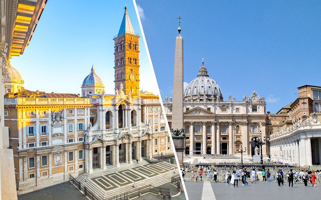 St. Peter's Basilica and Piazza, Rome, with tourists exploring the historic site.