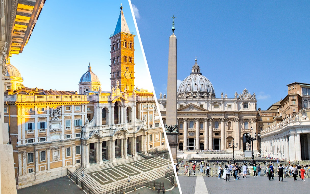 St. Peter's Basilica and Piazza, Rome, with tourists exploring the historic site.