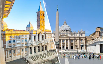 St. Peter's Basilica and Piazza, Rome, with tourists exploring the historic site.