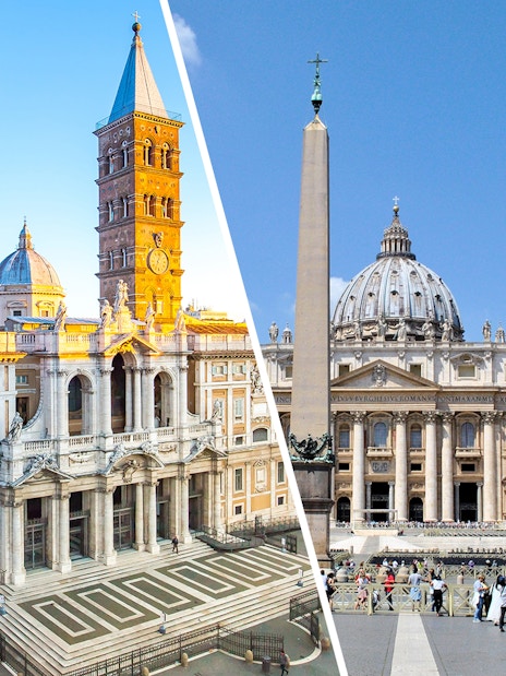 St. Peter's Basilica and Piazza, Rome, with tourists exploring the historic site.