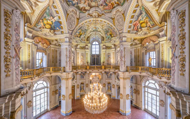 Villa della Regina interior with ornate frescoes and grand chandelier, Turin.