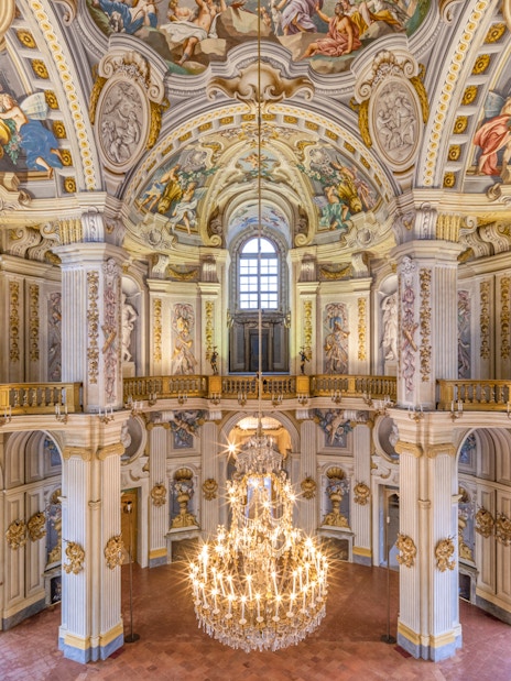 Villa della Regina interior with ornate frescoes and grand chandelier, Turin.