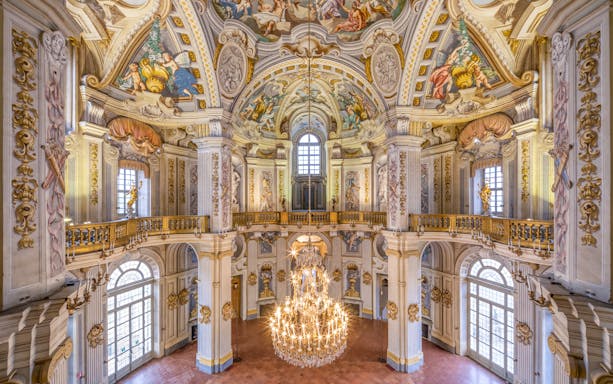 Villa della Regina interior with ornate frescoes and grand chandelier, Turin.