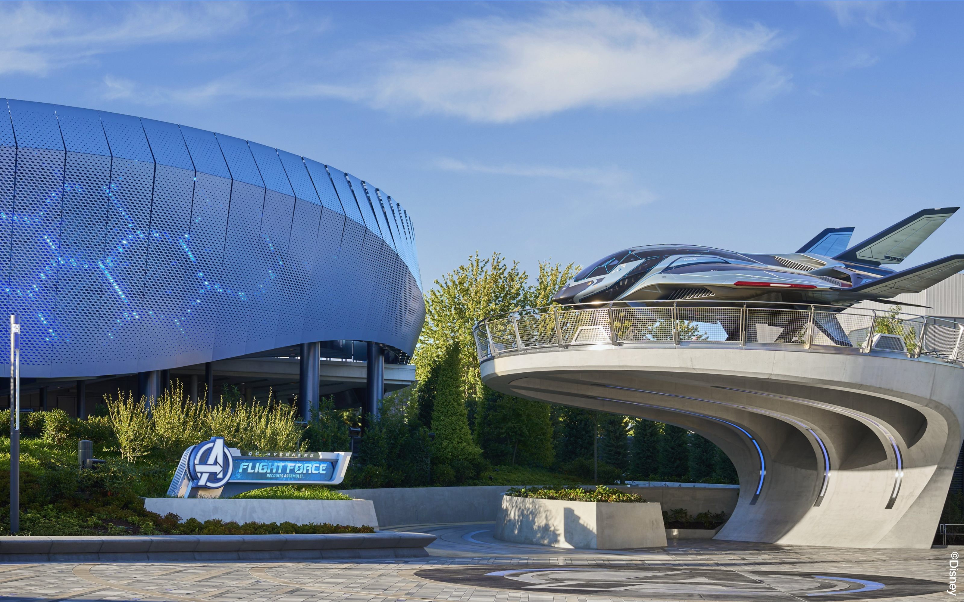 Avengers Campus at Disneyland with Flight Force attraction and futuristic jet.