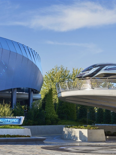 Avengers Campus at Disneyland with Flight Force attraction and futuristic jet.