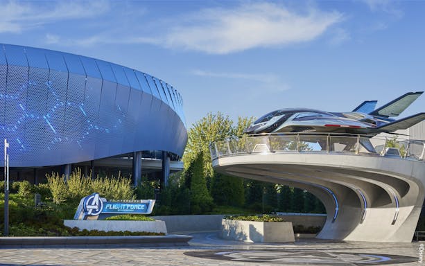 Avengers Campus at Disneyland with Flight Force attraction and futuristic jet.