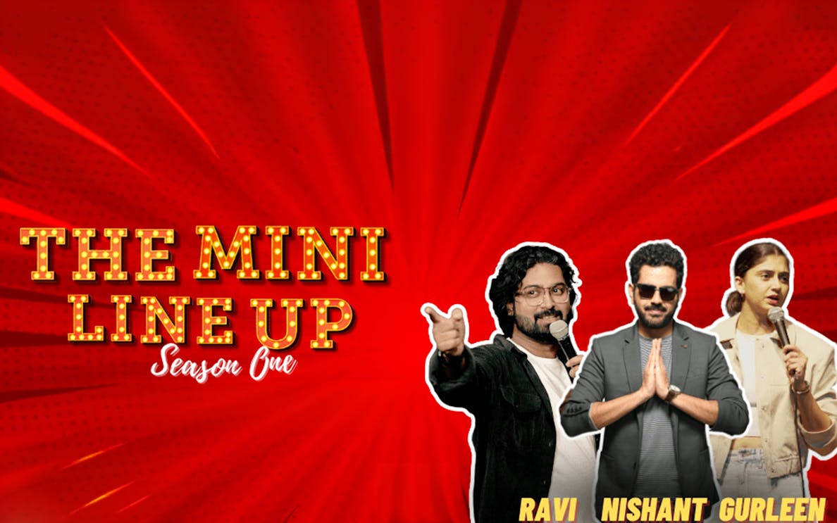 The Mini Line Up Season 1 with comedians on stage, red background.