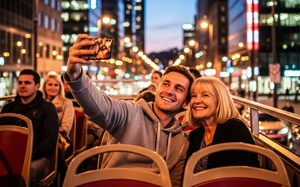 Tourists taking a selfie on a hop-on hop-off bus in a city at night.