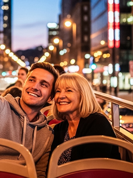 Tourists taking a selfie on a hop-on hop-off bus in a city at night.