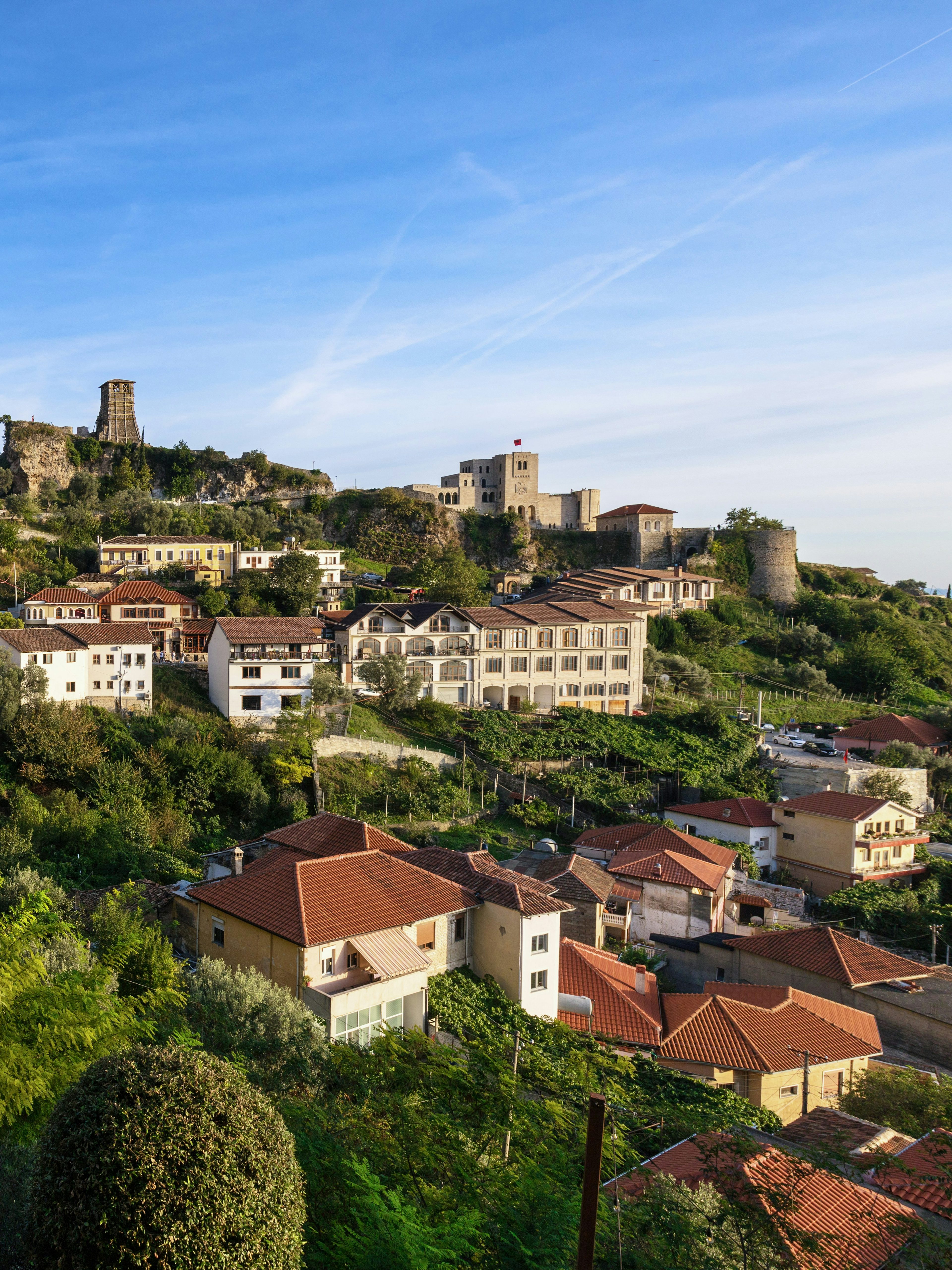 Kruje Castle and hillside view in Kruje, Albania.