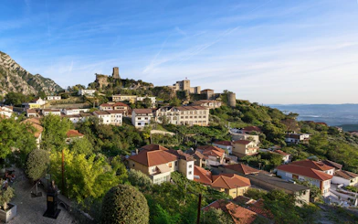 Kruje Castle and hillside view in Kruje, Albania.