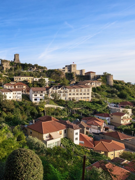 Kruje Castle and hillside view in Kruje, Albania.