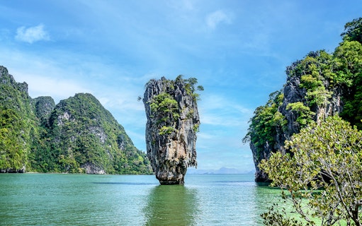 Phang Nga Bay limestone karst in turquoise water, Thailand.