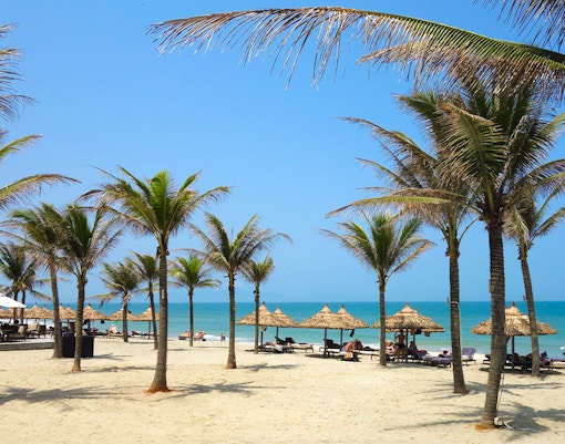 Tourists relaxing under coconut trees on An Bang Beach, Vietnam.