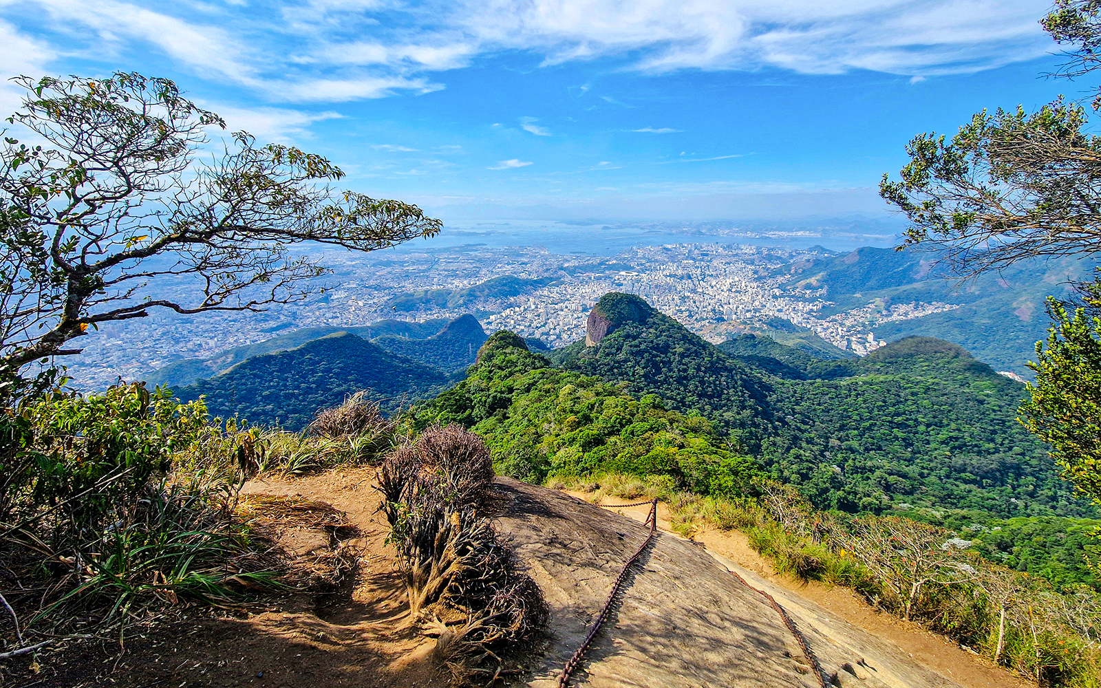 Tijuca National Park view with lush green hills and cityscape in the distance.