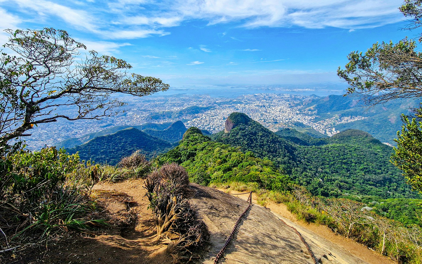 Tijuca National Park view with lush green hills and cityscape in the distance.